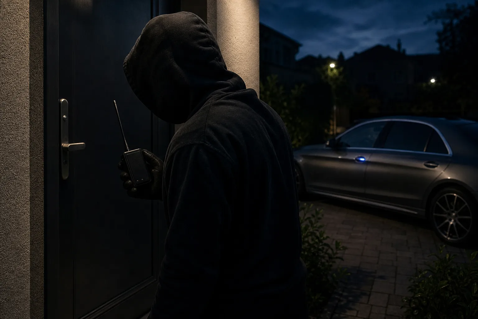 Relay theft - thief using a signal amplifier device near a house