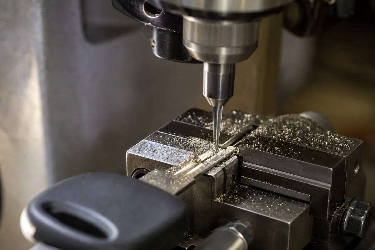 Precision key cutting machine preparing a replacement car key blade
