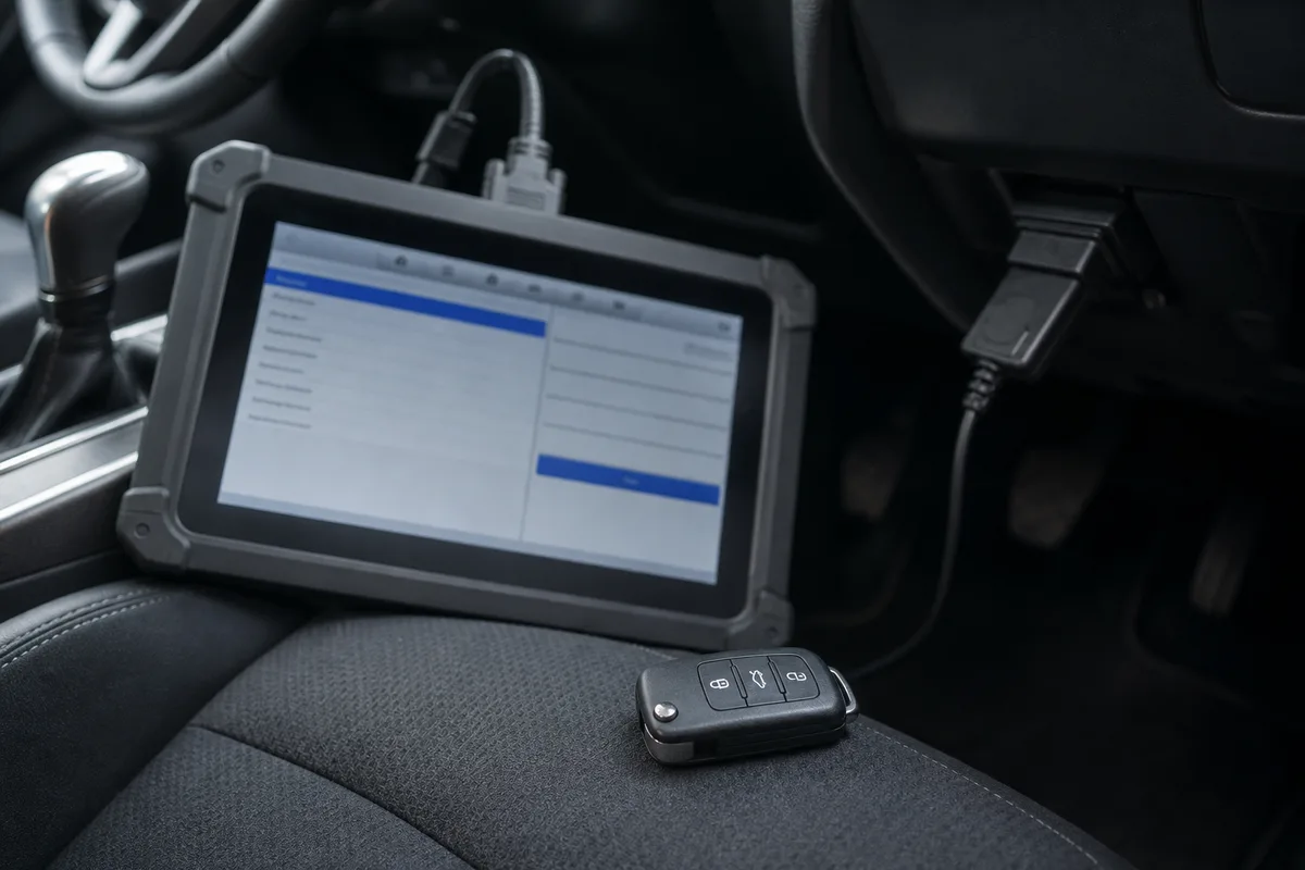 Diagnostic tablet connected to a car's OBD port programming a new remote key