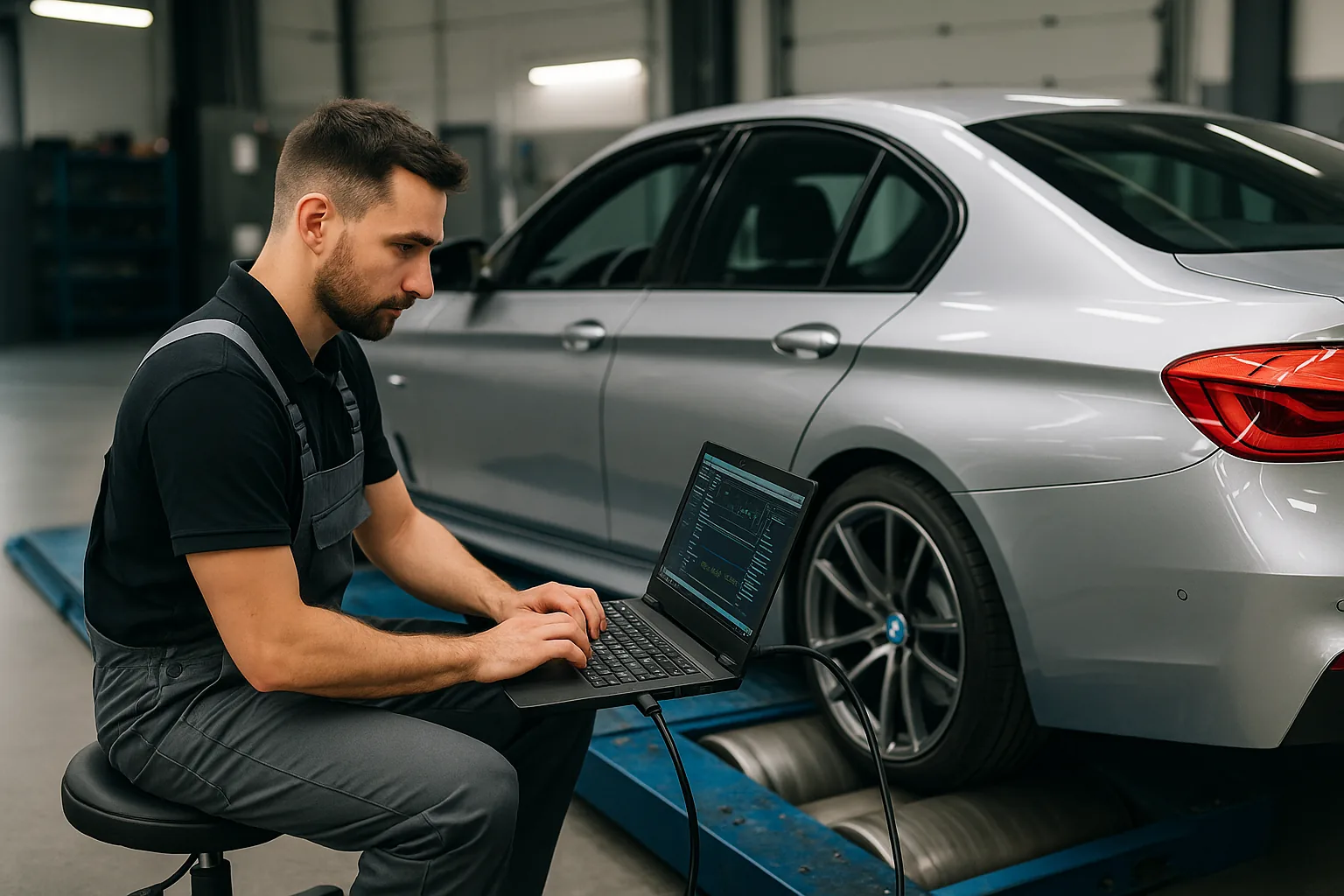 Stage 1 ECU remap - performance car on a dyno with power graph