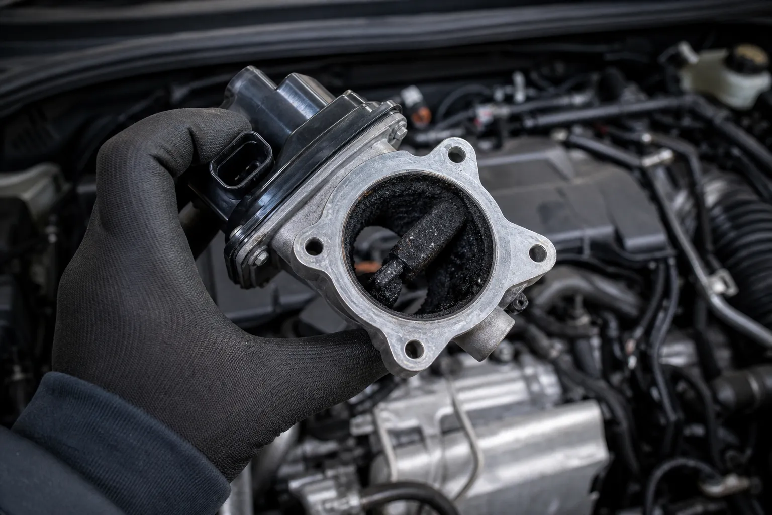 EGR delete - removed EGR valve with carbon build-up held by technician